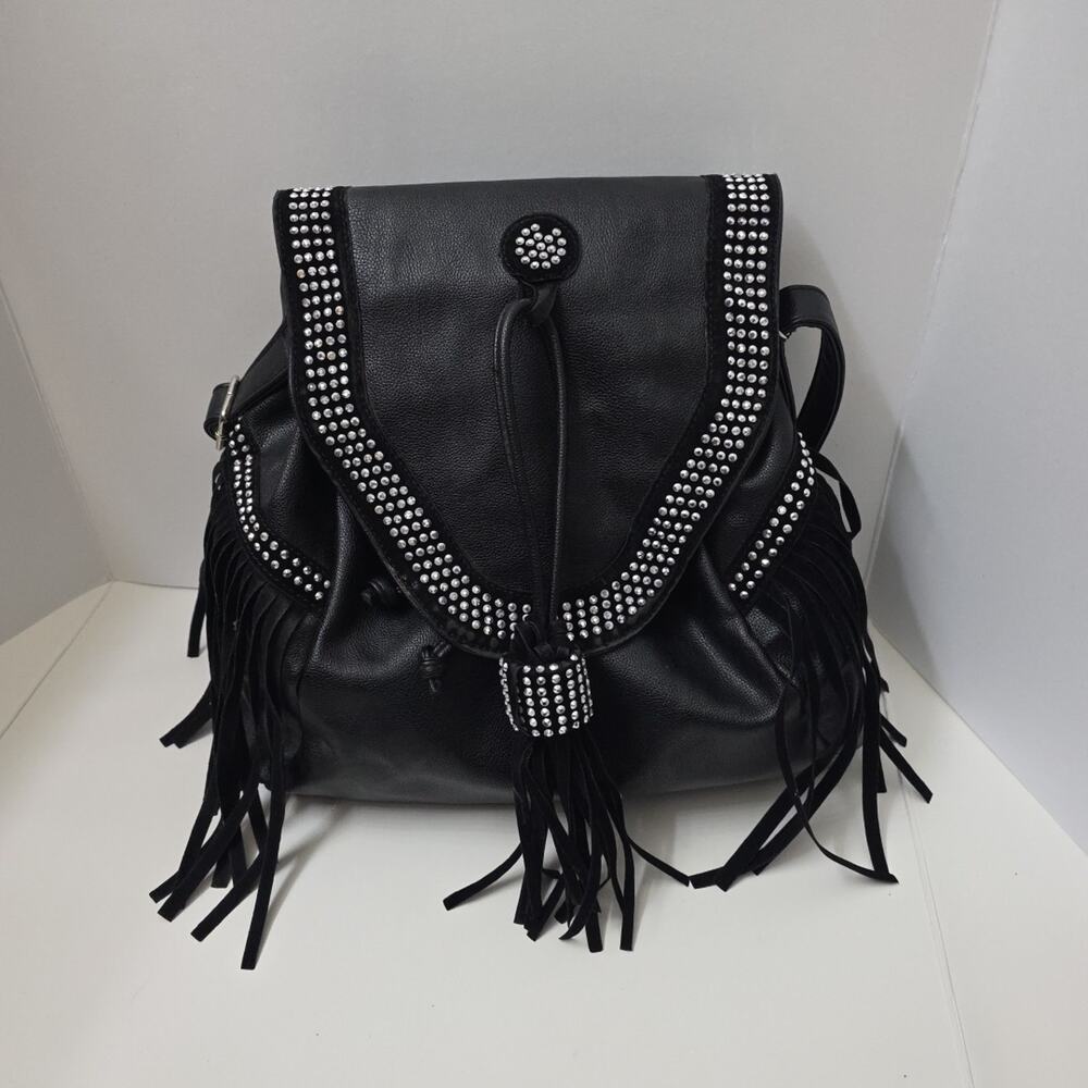 Black Boho Western Fringe Crossbody Purse Studded Faux Leather Shoulder Bag